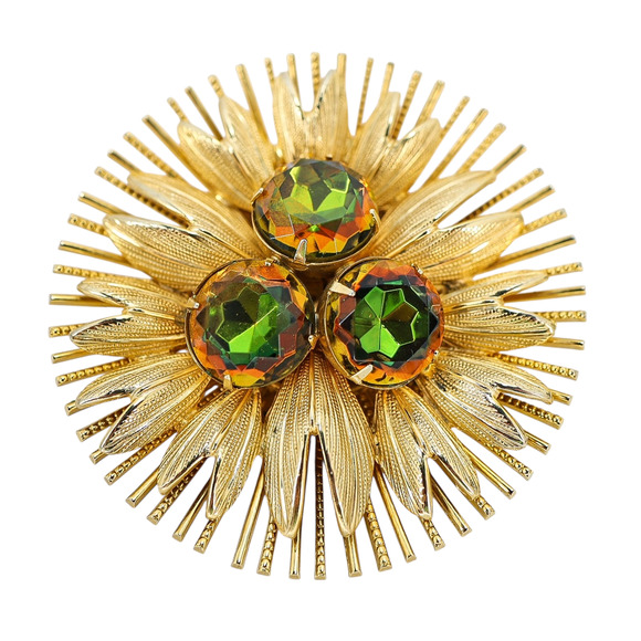 Large Vintage Watermelon Glass Rhinestone Brooch - Starburst Design - Picture 3 of 11